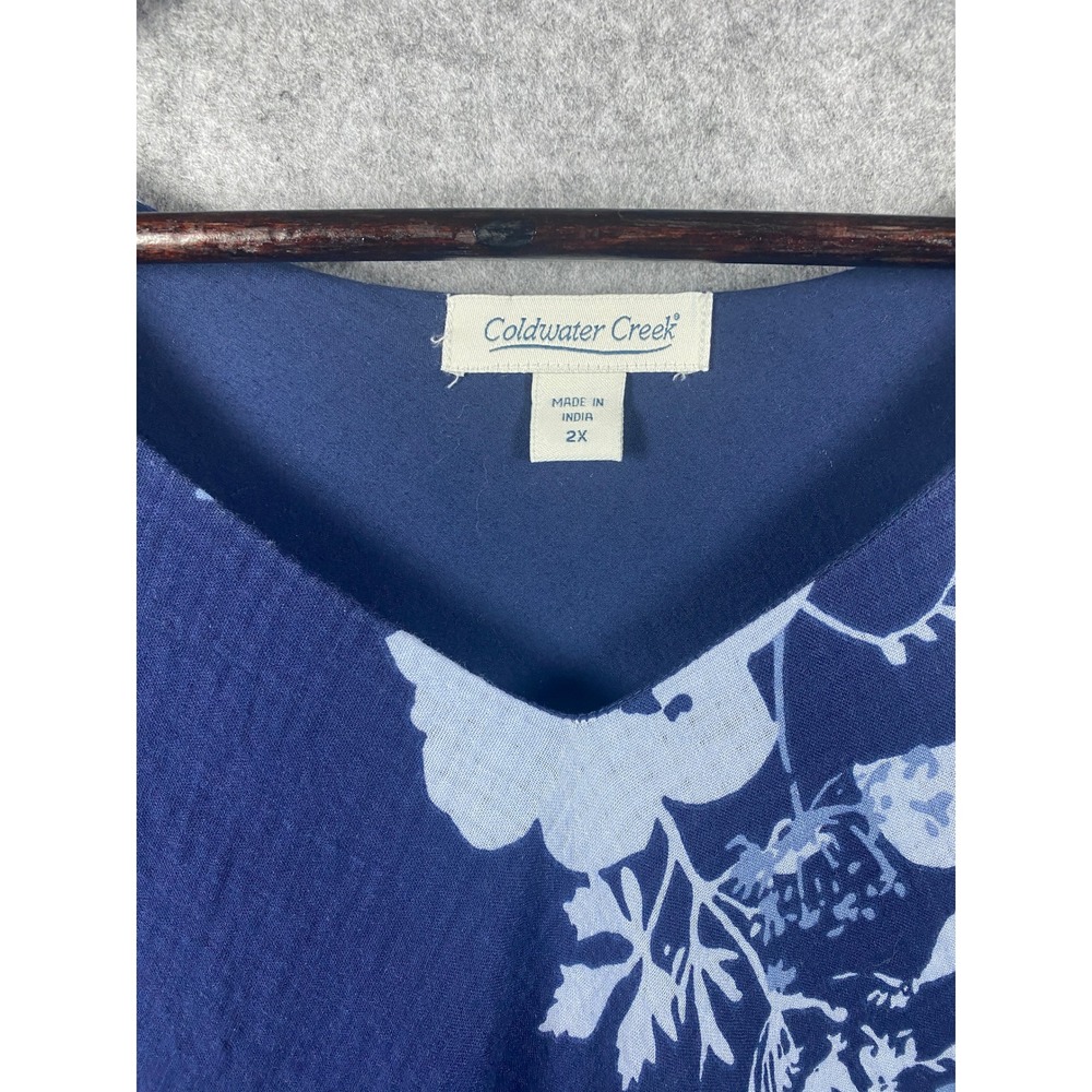 Coldwater Creek Womens 2X Blue Floral Cotton V-Neck Ruffle Hem Dress 605184 - Picture 3 of 8